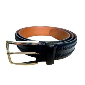 John W. Nordstrom Black Leather Belt Sz 38 Silver Buckle Stitched Made In Italy